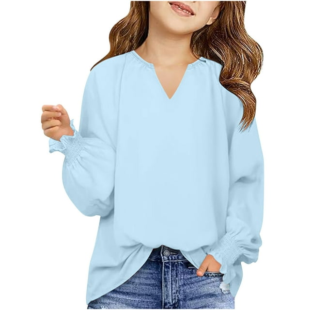 MeetoTime Girls Solid Color Loose Puff Sleeve Long Sleeve V-neck Top Spring Fall Kids Shirt 6-16 Years