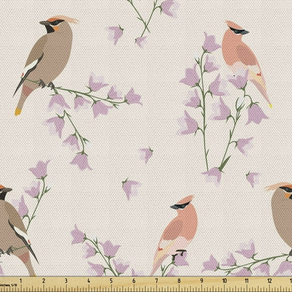 Ambesonne Nature Art Fabric by the Yard Upholstery, Birds on Field Bells, 2 Yards, Multicolor