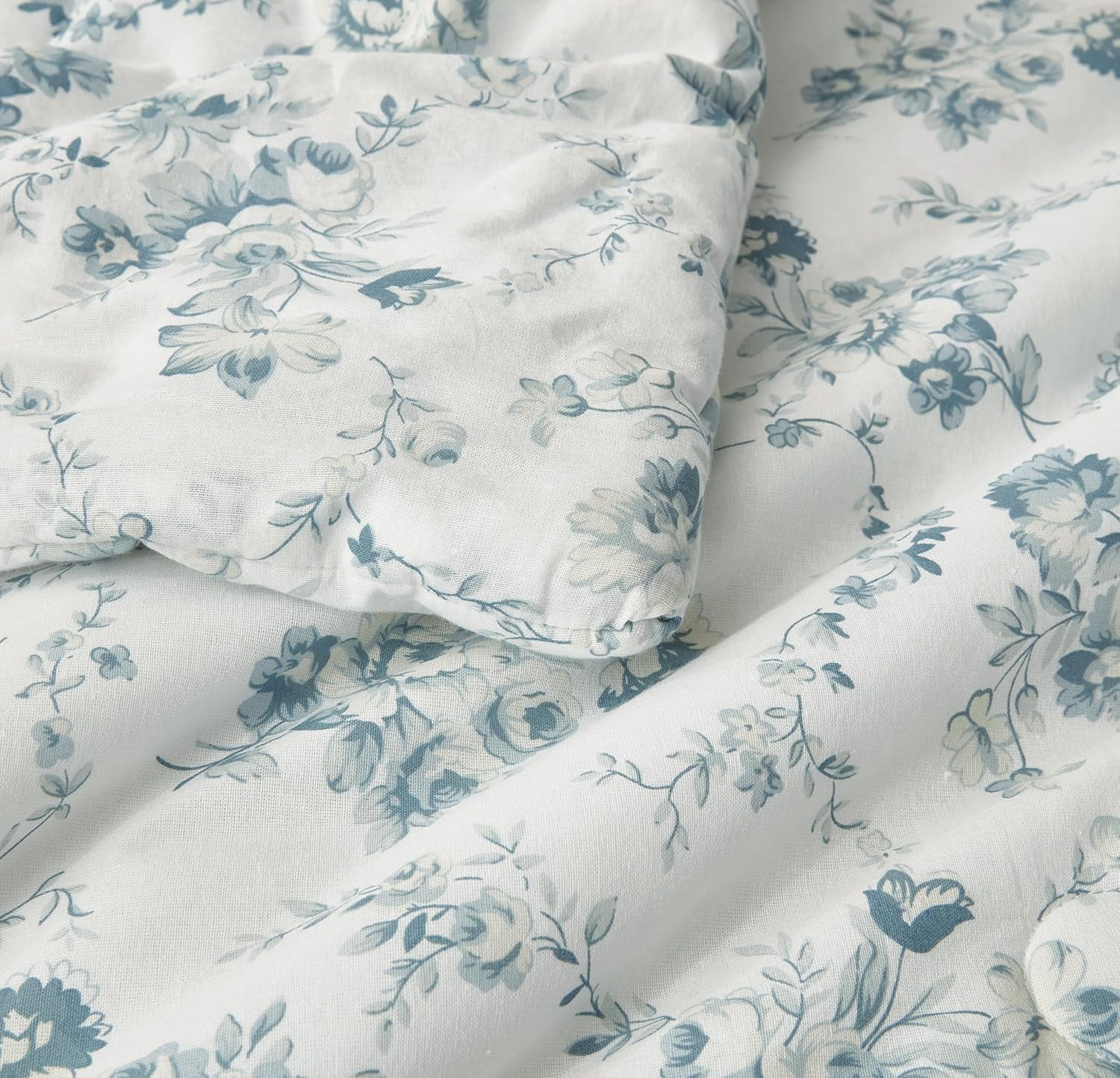 Chezmoi Collection Gigi 2-Piece Washed Cotton Comforter Set Twin Size, Elegant Blue Ivory White Floral Printed Bedding Set Reversible Lightweight Comforter for All Season