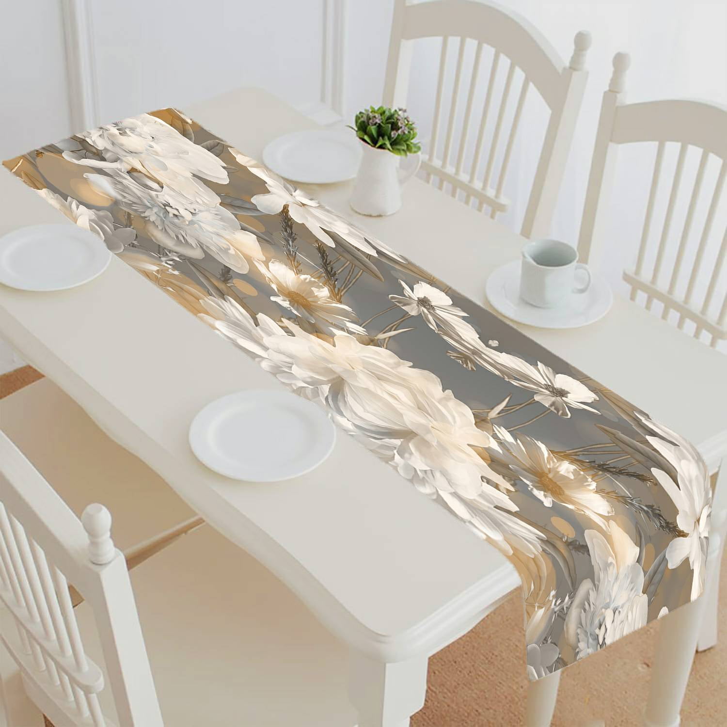 ECZJNT vintage floral white peonies light grey gold table runner table ...