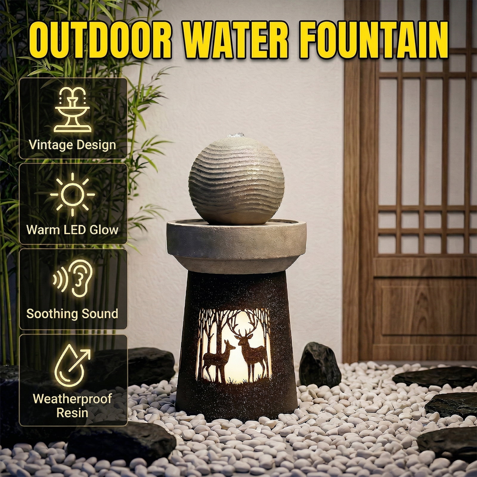 Mintazer 32.1" Modern Spherical Water Fountain with LED Lights, Outdoor Garden Fountain with Leaf Silhouette Base for Patio Yard Porch Landscape