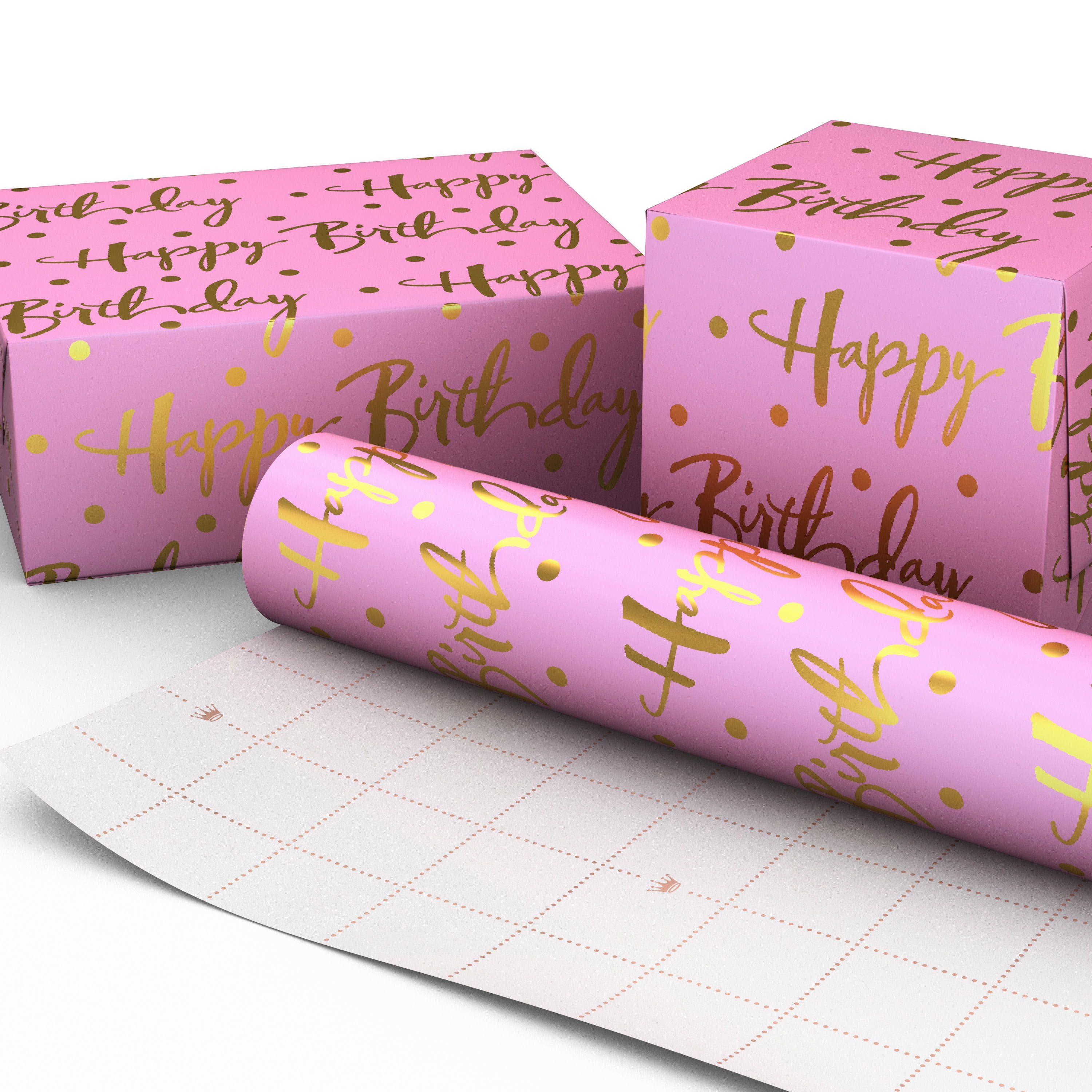 Hallmark Birthday Wrapping Paper Roll (Gold Lettering on Pink) 20 sq. ft.