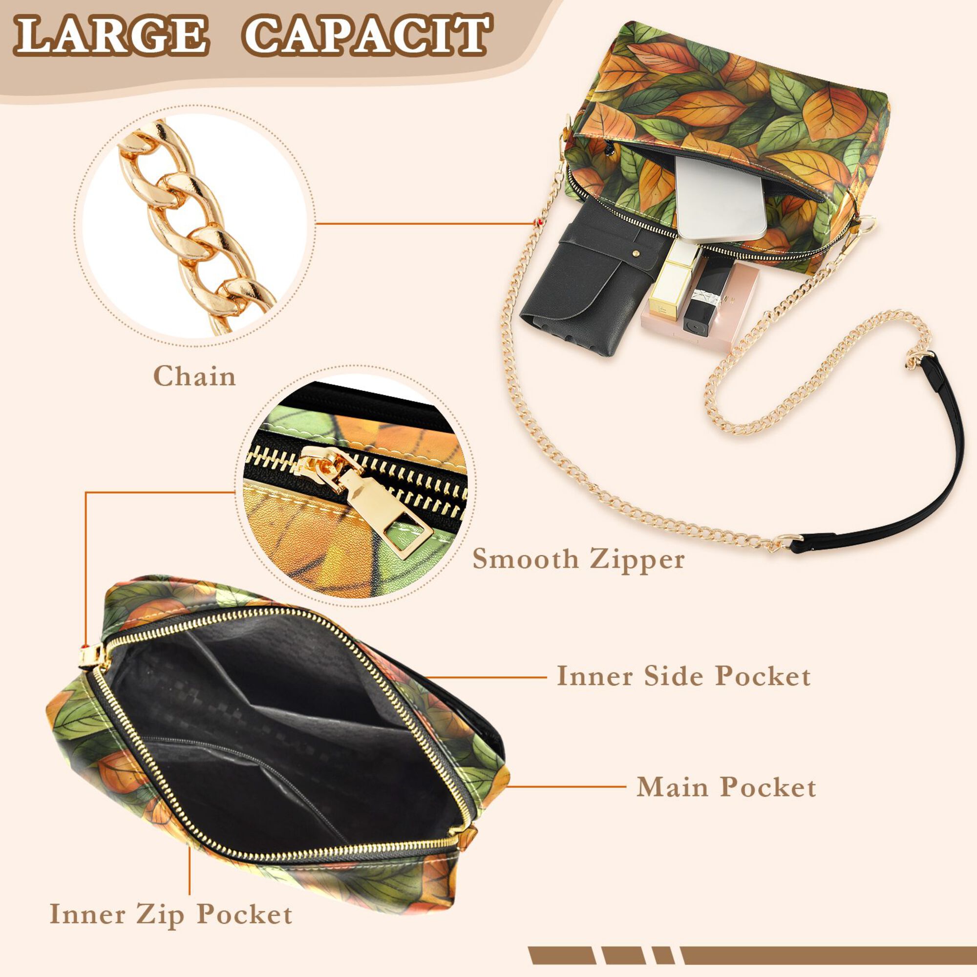 FORMRS Women Crossbody Purse with Chain Strap Vegan Leather Shoulder Handbag, Green Retro Leaves