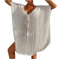 thumbnail image 2 of Women's Crochet Beach Cover Up V Neck Tie Front Striped Knit Sheer Oversized Tunic Tops Boho Beach Wear UV Protection Swim Cover up White One Size, 2 of 6