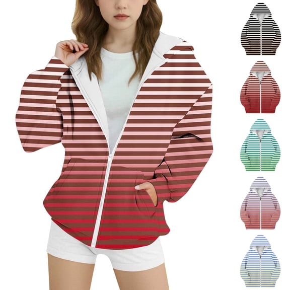 MKOSPLRT Kids Full Zip Hoodies with Pocket 4-15Y Girls Oversized Striped Sweatshirts Long Sleeve Drop Shoulder Hoodies for Fall Winter