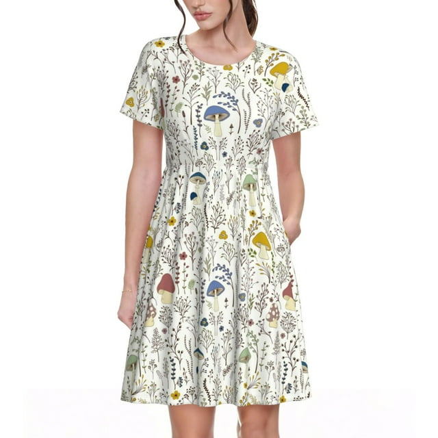 Daiia Robes Colorées à Imprimé Champignons et Plantes pour Femmes 2025 Tendance Manches Courtes Robes Décontractées Amples Fluides Maxi Robes de Soleil