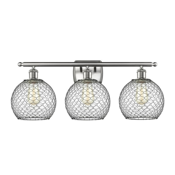 Innovations Lighting 516-3W-SN-G122-8CBK Farmhouse Chicken Wire-3 Light Bath Vanity in Industrial Style-26 Inches Wide by 13 Inches High Brushed Satin Nickel Finish with Clear/Black Wire Glass