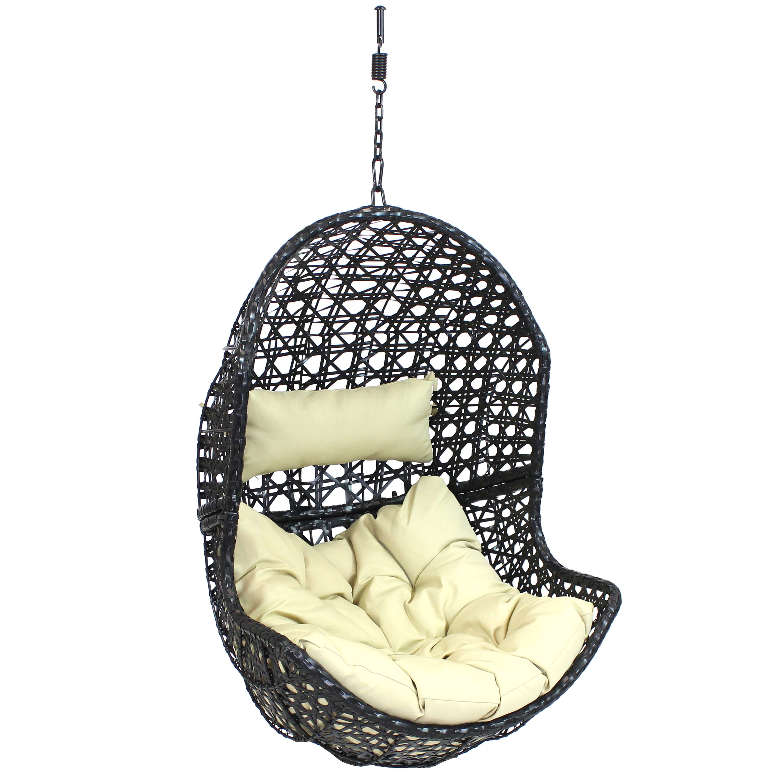 Sunnydaze Lauren Hanging Egg Chair - Outdoor Patio Lounge Seat - Boho Style Furniture - Resin Wicker Basket Design - Includes Beige Cushion - Furniture for Porch, Deck, Balcony and Garden