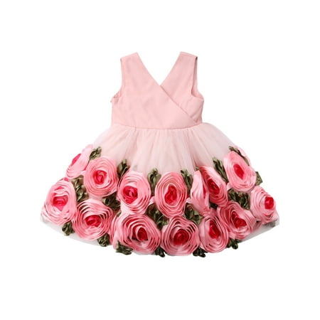

JYYYBF 2-8 Years Toddler Baby Girl Princess Dress V-Neck Tulle 3D Flower Bowknot Sleeveness Lace Tutu Wedding Dress Pink 7-8 Years