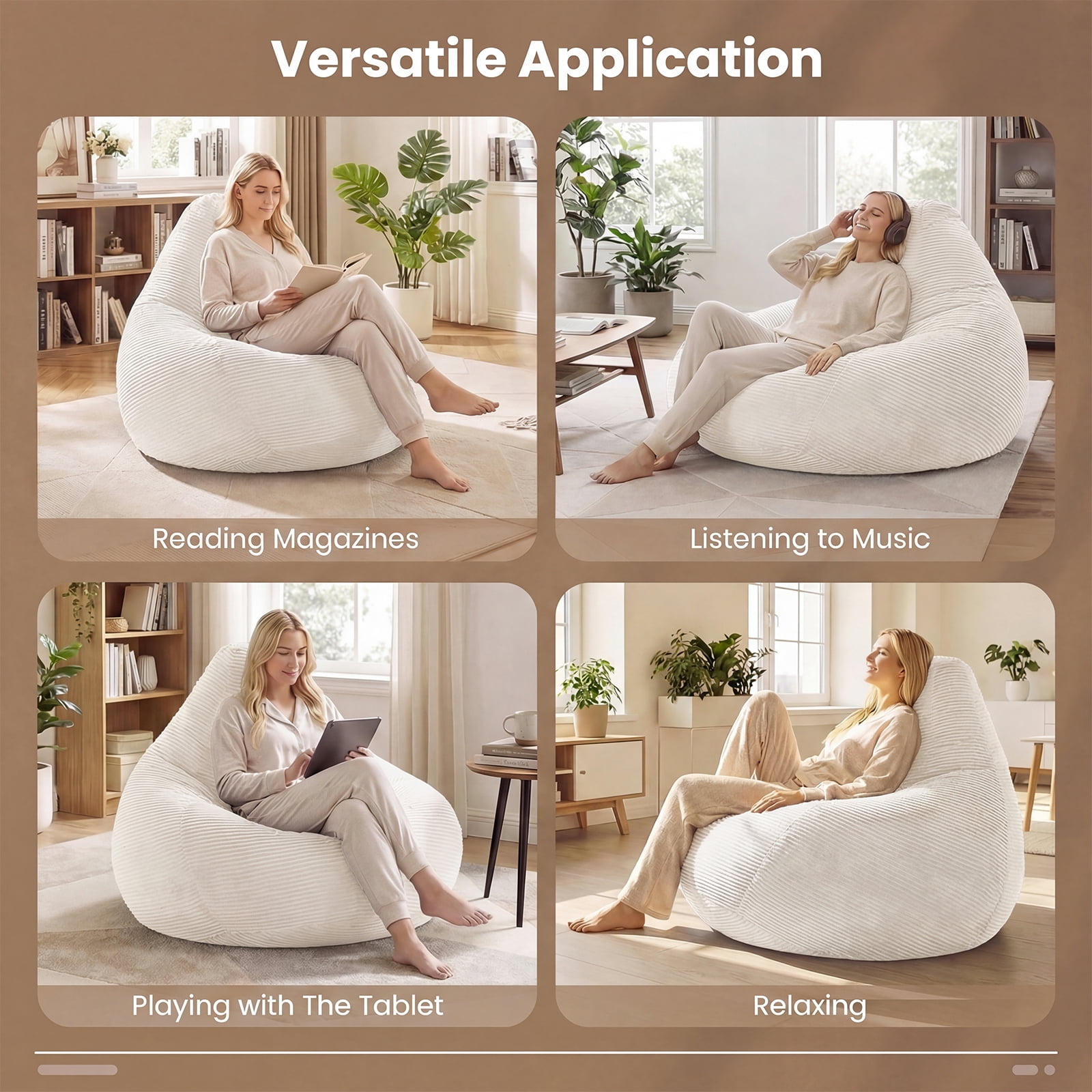 Costway Bean Bag Chair for Adults with Skin-friendly Corduroy Cover & Soft Sponge Filling Beige