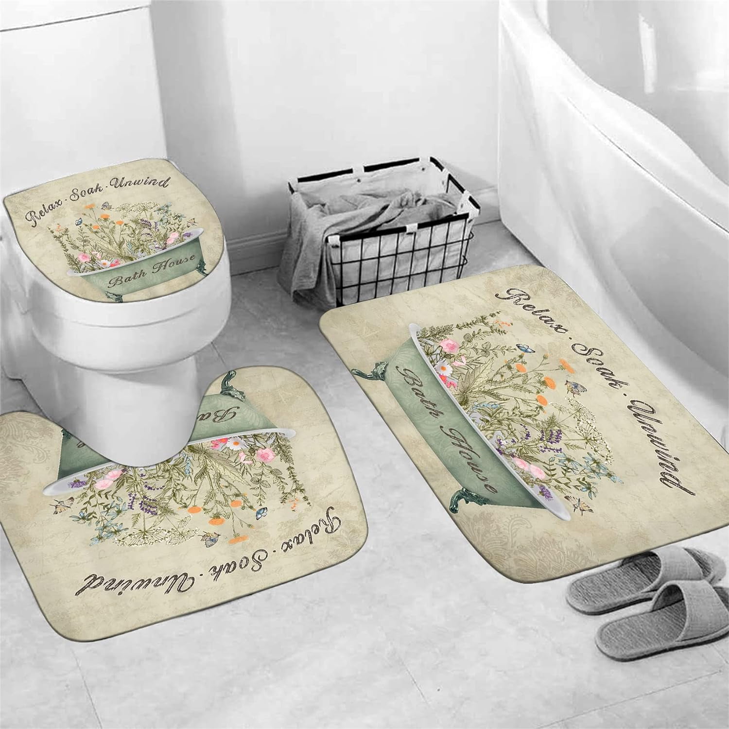 4 Pcs Floral Shower Curtain Flowers Leaves Bathroom Sets with Shower Curtain and Rugs Vintage Farmhouse Bathroom Decor Country Bathtub on Rustic Wood Backdrop Bathroom Rugs Mat Toilet Lid Cover