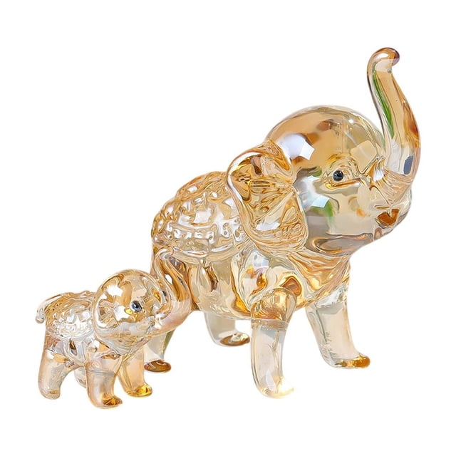 Juego de 2 adornos de elefante de cristal, figura de elefante de cristal para decoración del hogar, sala de estar, pieza decorativa artesanal en dorado transparente multicolor.