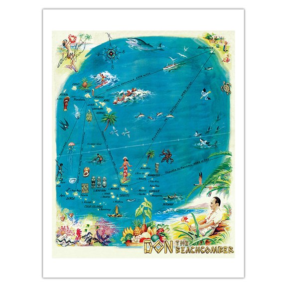Map of the Polynesian Islands - Don the Beachcomber Tiki Bar and Restaurant - Vintage Hawaiian Menu Cover c.1959 - Bamboo Fine Art 290gsm Paper (Unframed) 12x16in