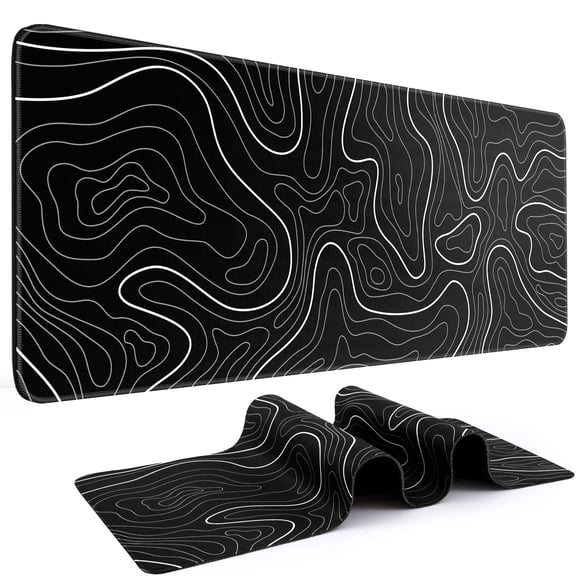 Mouse Pad Gaming Mousepad 31.5 x 11.8in Large Mouse Pad for Keyboard and Mouse with Anti-Slip Rubber Base, Keyboard Pad XL Mouse Mat for Home and Office（Black with White Topographic Line）