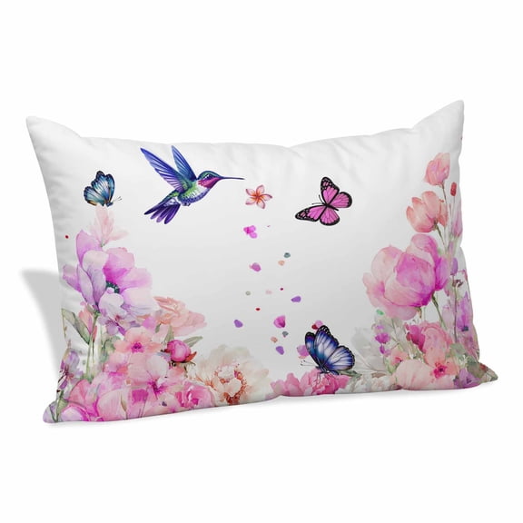 Pink Flower Pillow Covers, Linen Long Throw Pillow Case, Spring Floral Butterflies Elegant Pastoral Birds Holiday Pillow Protector Decorative Cushion Cover for Living Room/Bedroom 12" x 20"