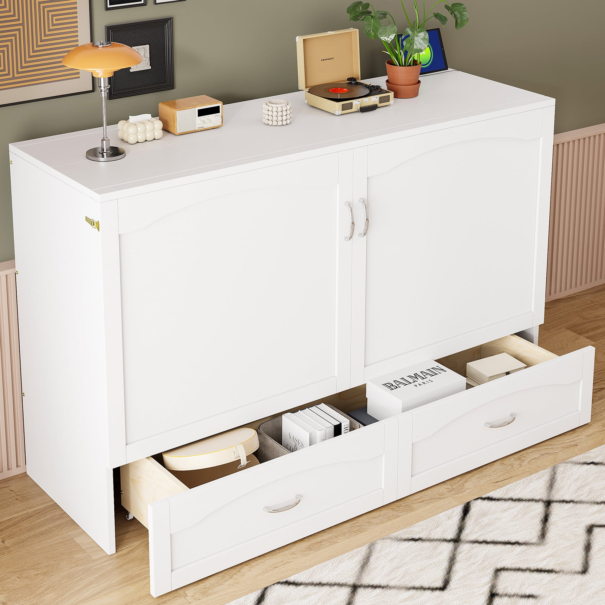 Mintazer Queen Size Murphy Bed with Drawers & Charge Station, Foldable Cabinet Wall Bed for Guest Room Home Office Small Apartment, White