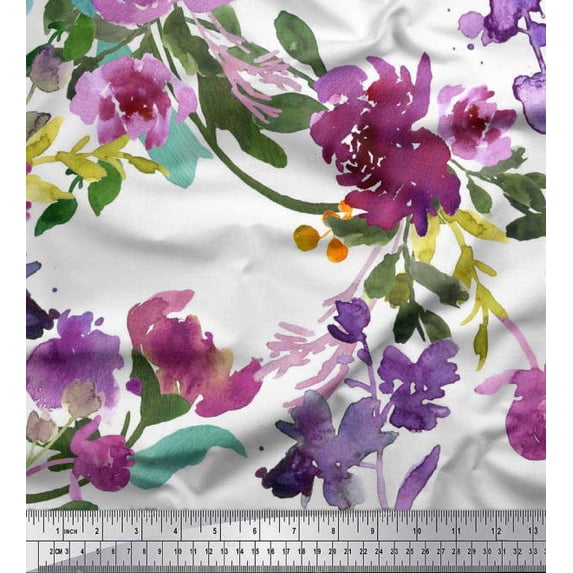 Soimoi Moss Georgette Fabric Flower & Leaves Watercolor Print Fabric by the Yard 42 Inch Wide