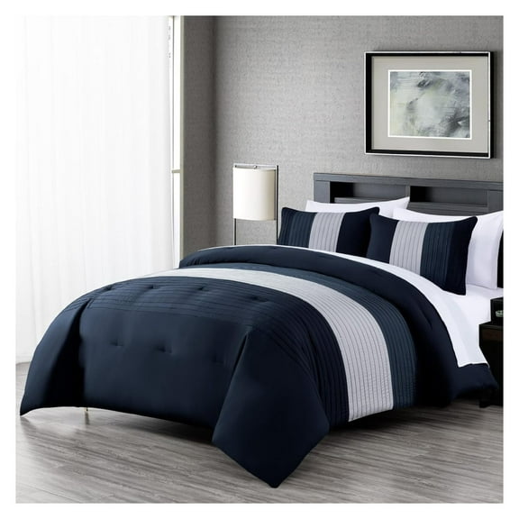saney Briar 7-Piece California King Bed in a Bag Comforter Set with Sheets - Lightweight Comforter Navy Blue Gray Luxury Pleated Stripe Bedding Set for All Season