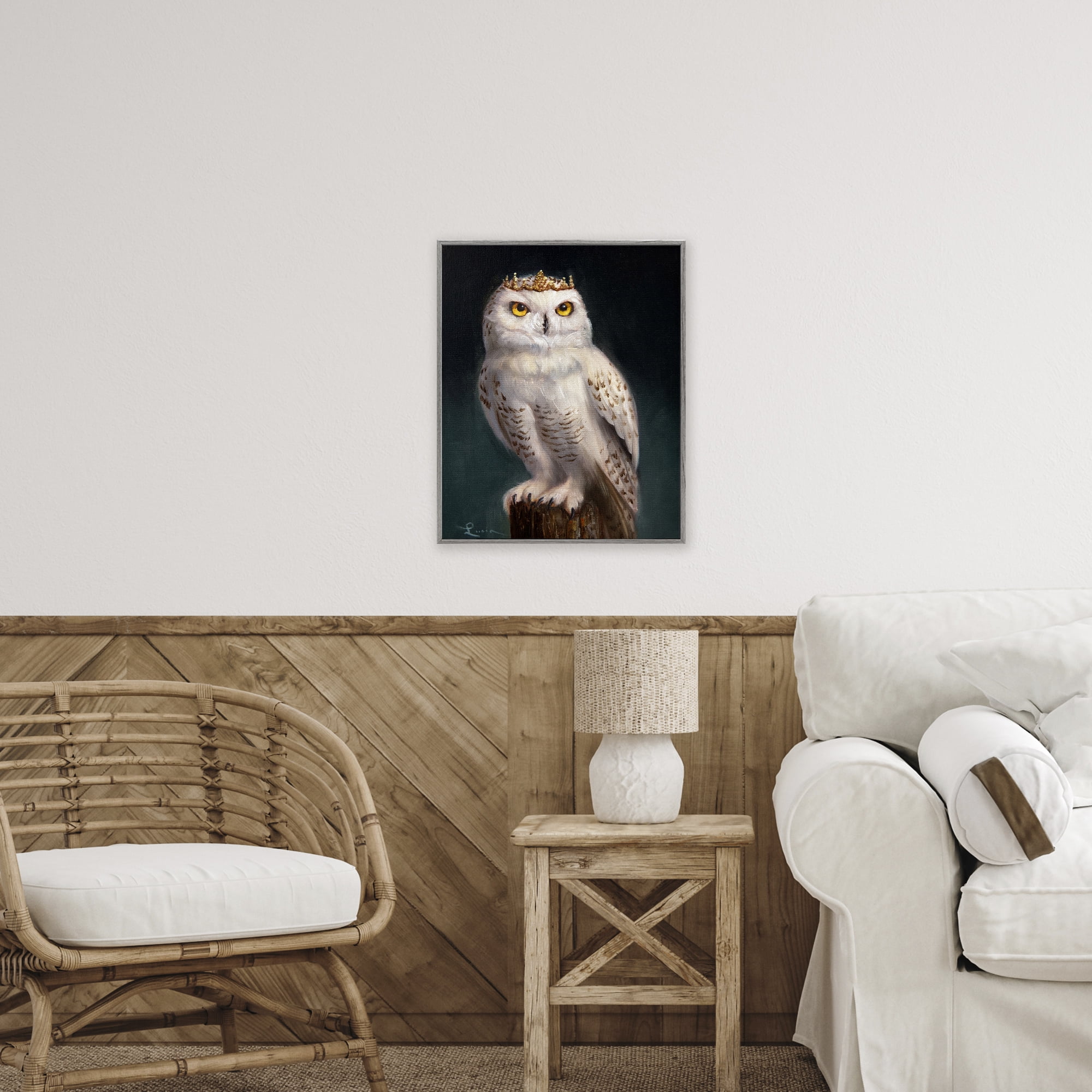Snowy Owl King Gray Framed Giclee Art, design by Lucia Heffernan