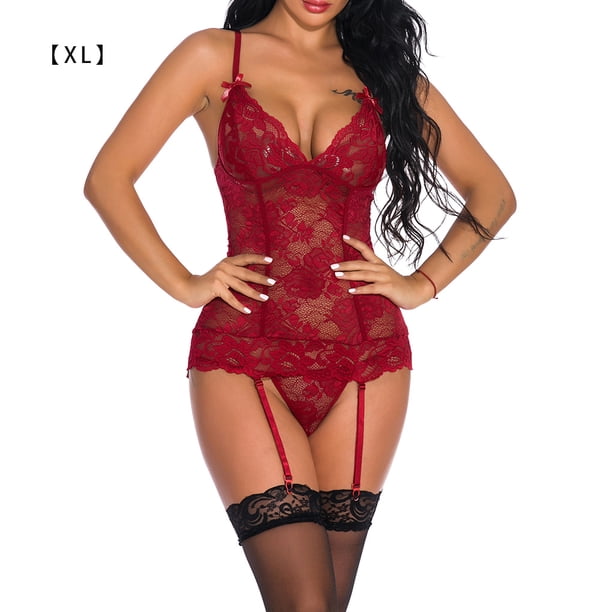 Body de malla de encaje para mujer Ropa de dormir sexy Tanga con espalda en T, rojo vino, XL Eigraketly XX000059-16