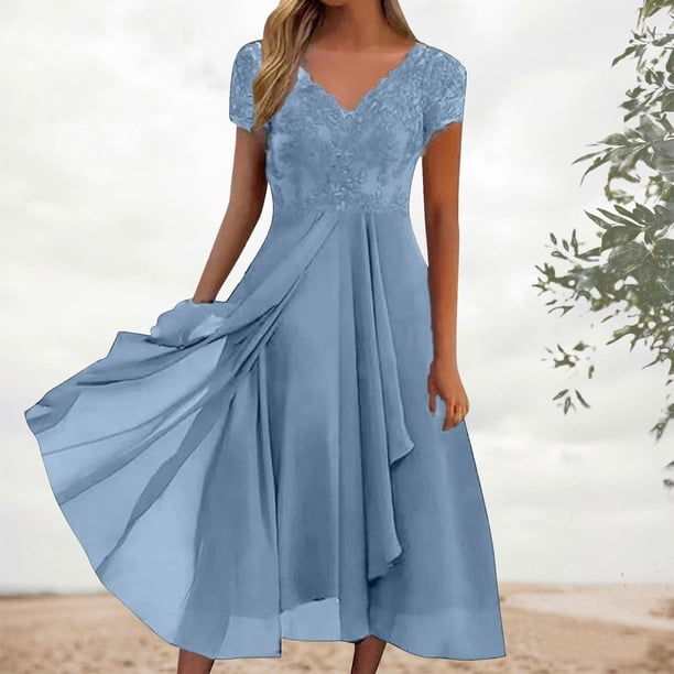 sky blue dresses for women Wedtrend Wedding Guest Dress A Line Spaghetti Straps Backless Pleated Chiffon Tea-Length Bridesmaid Dress, Sky Blue / US10 1x Women Dress Blue Dress with Stars |