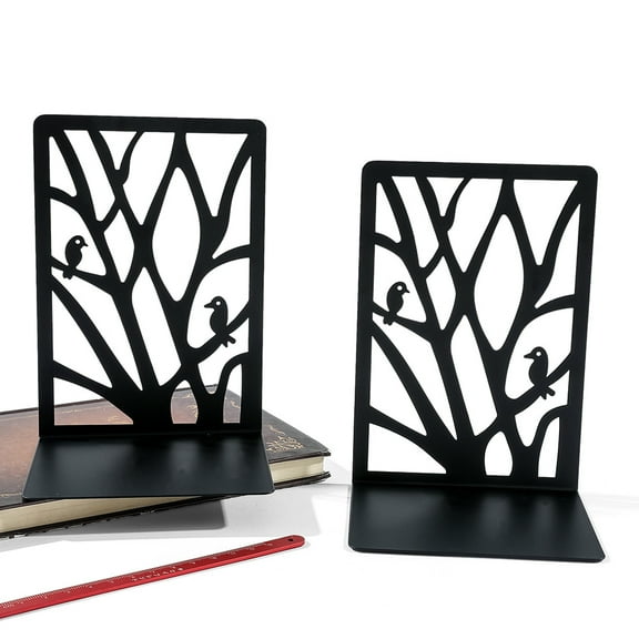 Book Ends, Bookends, Bookends for Shelves, Bookend, Book Ends for Heavy Books, Metal Book Shelf Holder Home Decorative, Book Stoppers for Shelves 1 Pair,Birds In Trees, Black