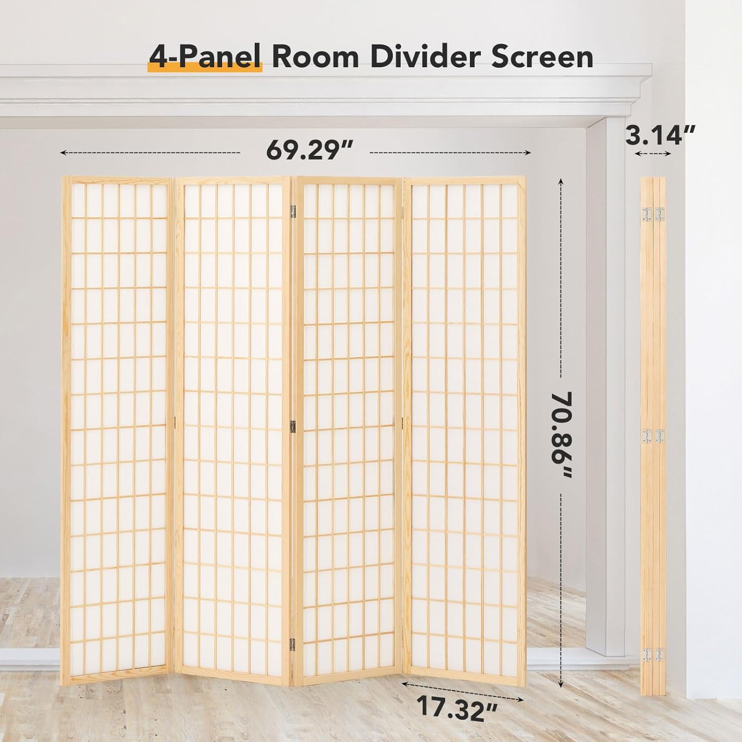JOSTYLE Room Divider Wall 4 Panel, Folding Privacy Screen for Room Separation, Shoji Screen Japanese Style Room Divider Screen, 5.9 Ft, Natural