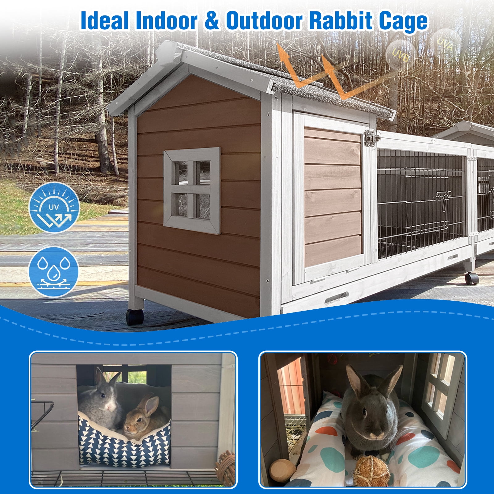 Suumerpety Rabbit Hutch Indoor Rabbit Cage Outdoor Bunny House with Wheels,No Leak Pull Out Tray