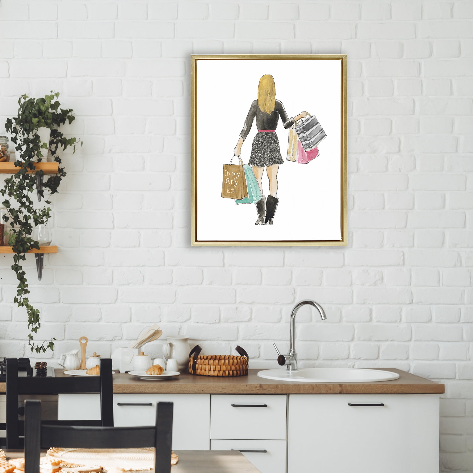 Stupell Industries Girl With Shopping Bags Gold Framed Floater Canvas Wall Art, design by Lanie Loreth