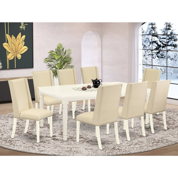 Asian Style 9-Piece Dining Set - Linen White TableParson Chairs - Solid Wood Frame Furniture