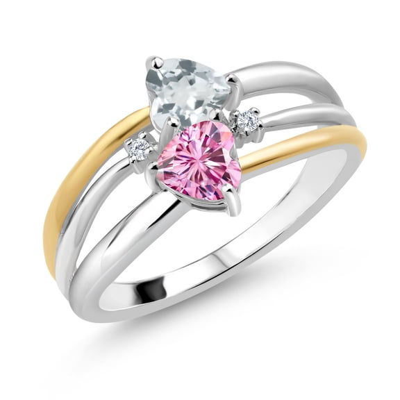 Gem Stone King 925 Silver and 10K Yellow Gold Sky Blue Aquamarine and Pink Moissanite and White Lab Grown Diamond Band Ring for Women (0.94 Cttw, Gemstone March Birthstone, Heart Shape 5MM, Size 7)
