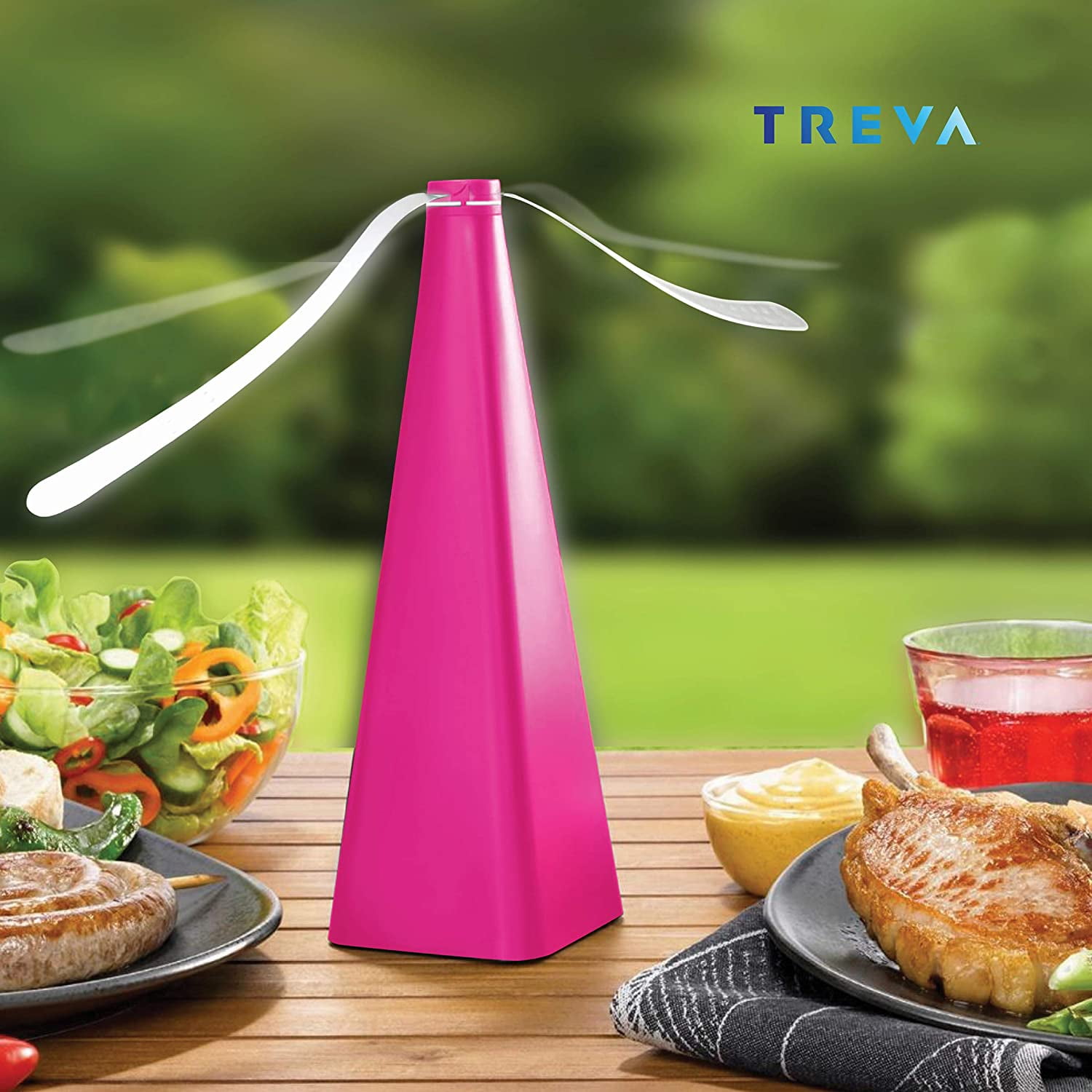 Treva Chemical Free Bug Fan Fly Deterrent with Holographic Blades to Clear Bugs, Mosquitoes, and Flies, Battery Powered Fly Fan - Raspberry, 2 Pack