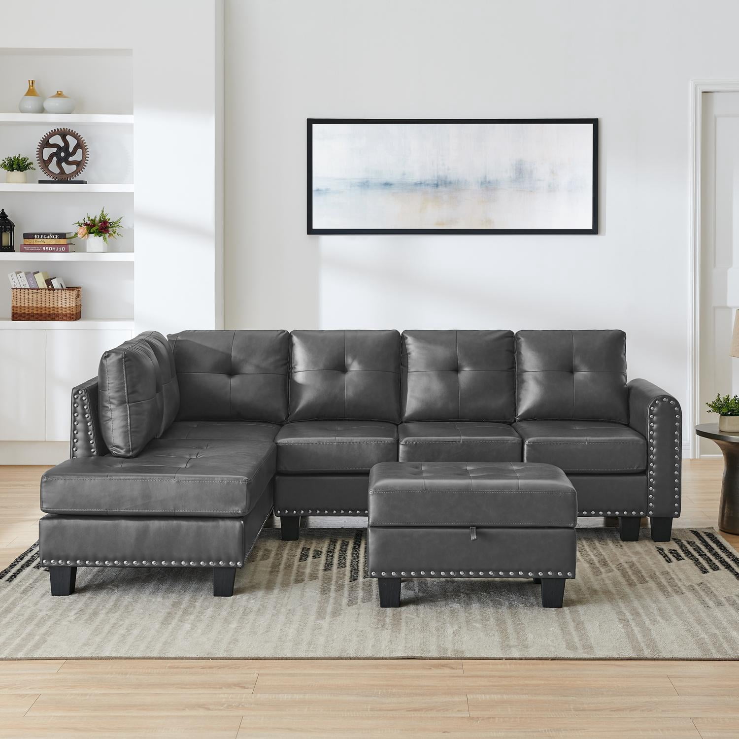 97" W L Shaped Sofa with Storage Ottoman,L Shaped Couch,Modern Sectional Sofa for Living Room,Bedroom,Office,Grey