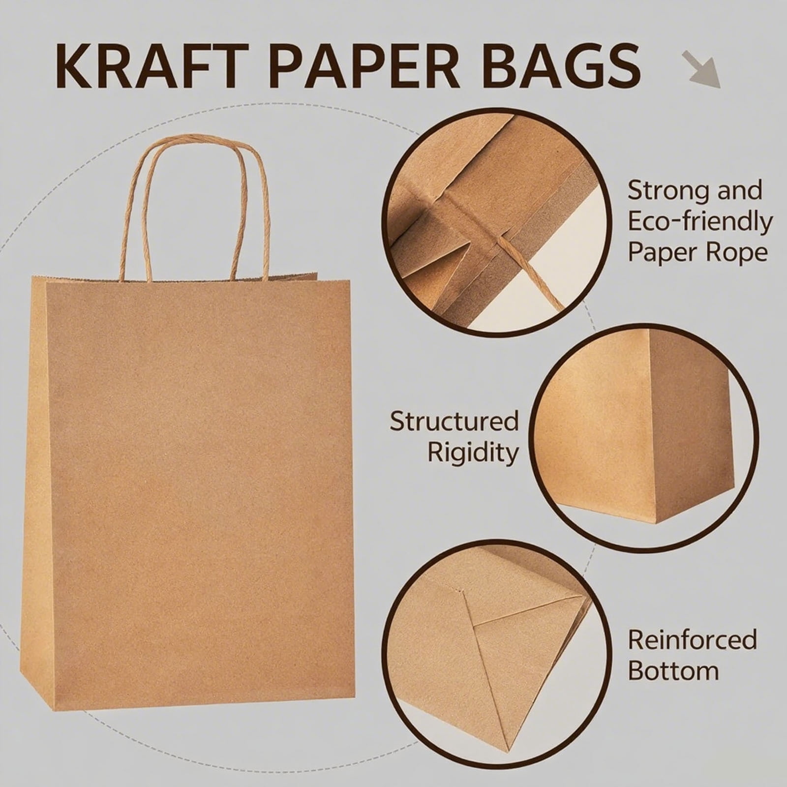 BagDream 100Pcs Brown Kraft Paper Bags with Handles, Paper Gift Shopping Bags Medium Size for Wedding, Father's Day, Baby Show and Birthday, 8"x4.25"x10.5"