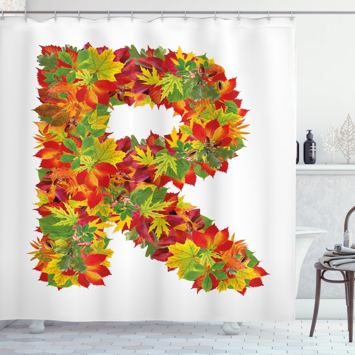 Letter R Shower Curtain, Floral R Made with Maple Leaves Bouquet ...