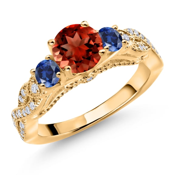 Gem Stone King 18K Yellow Gold Plated Silver Red Garnet Blue Created Sapphire and White Moissanite Engagement Ring for Women (1.55 Cttw, Gemstone January Birthstone, Round 6MM and 3MM, Size 6)