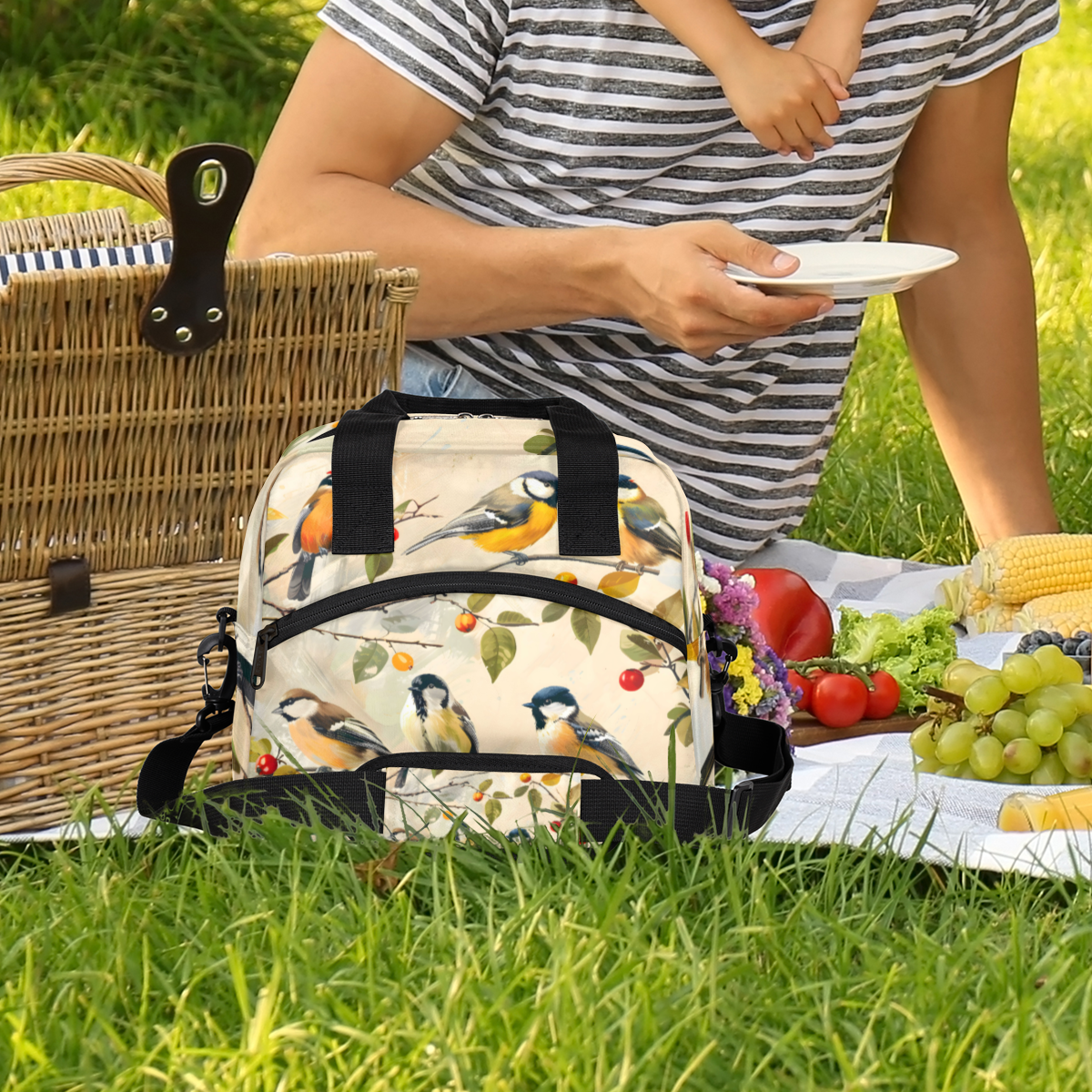 Herdesigns Vintage Bird Insulated Lunch Bag for Women Men Adults Large Reusable Lunch Box Leakproof Portable Cooler Tote Bags with Adjustable Shoulder Strap