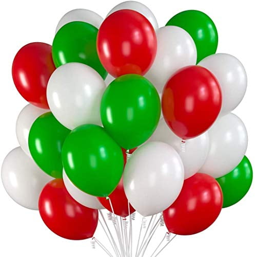 New Year Decoration 12 Inch Red Green White Colorful Pattern Printed Balloon and Confetti Balloon and 2 Ribbon for Christmas Party Decorations 72 Pieces Christmas Latex Balloons Kit