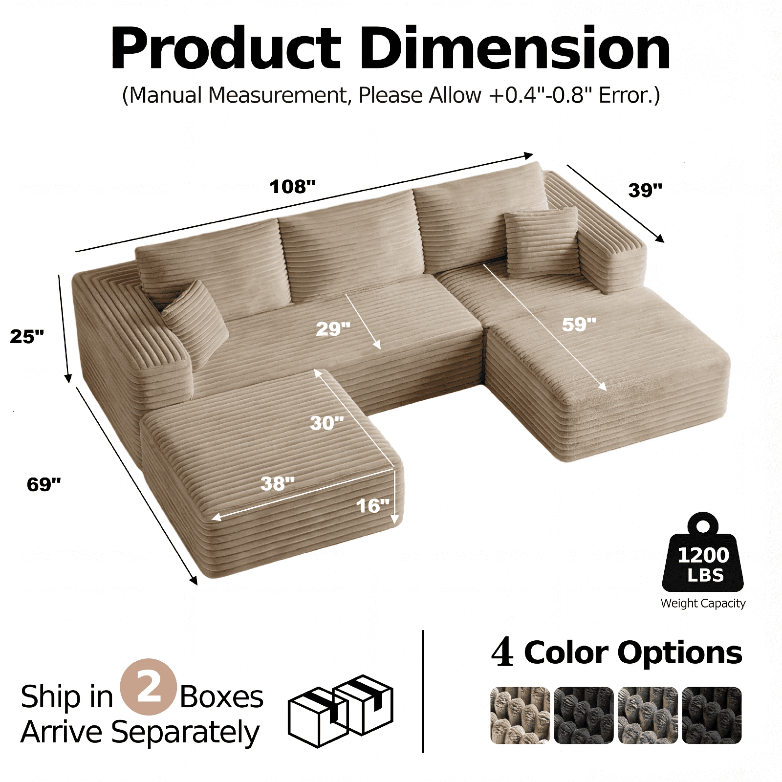 Cubente 108" Sectional Couch, Cloud Sofa, Boneless Couch No Assembly Required Modular Couch U-shaped Couch for Living Room