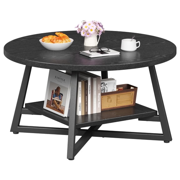 Coffee Table for Living Room, Round Coffee Table, Small Circle Coffee Table with Storage, Modern Wood Round Center Table for Home Office, Small Space, Easy Assembly, Black