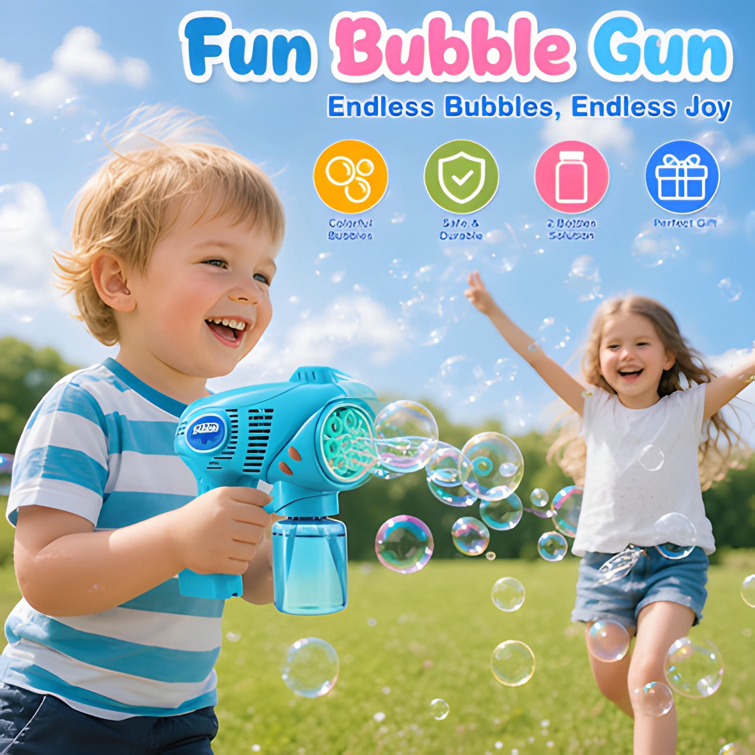 2 Kids Bubble Gun with 2 Bottles Refill Solution, Bubble Machine Gun for Toddlers 1-3 Kids 4-8, Party Favors, Summer Toy, Outdoors, Easter, Birthday Gift