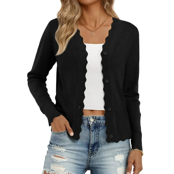 Women Cardigan Sweaters Long Sleeve Casual Light-Weight Button Down V-Neck Fall Sweater Black M