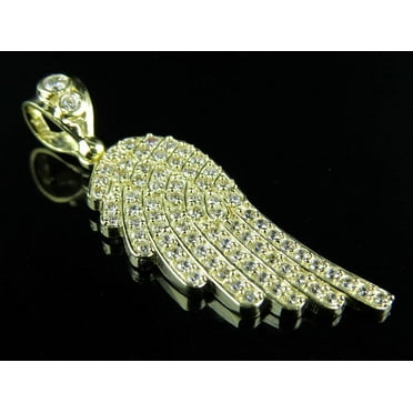 10K Yellow Gold Single Angel Wing Diamond Pendant Charm 1.8 Inch