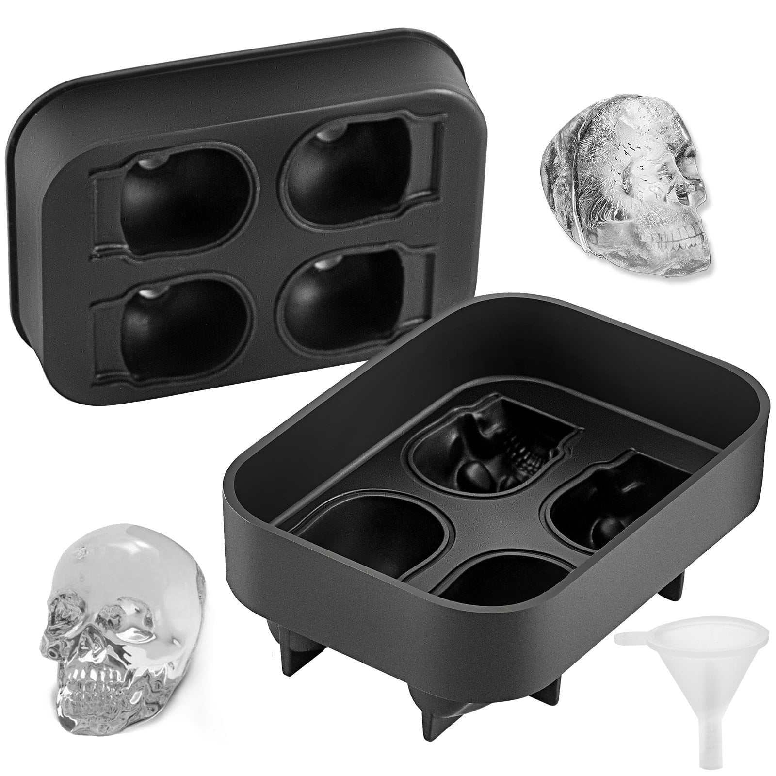 4-Grid Skull Ice Cube Tray with Lid & Funnel, Flexible Black Silicone Mold for Halloween Cocktails, Party Drinks – Makes 1.6” Skull Ice Cubes (BPA-Free)