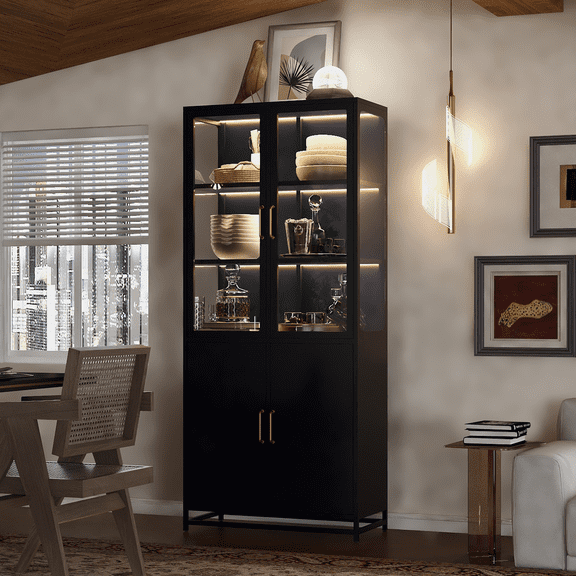 SESSLIFE Metal Display Cabinet with LED Lights, 76.75'' Tall Steel Curio Cabinet with 3-Sided Tempered Glass Doors, 5 Shelf Glass Display Case for Collectibles, Books, Living Room, Black