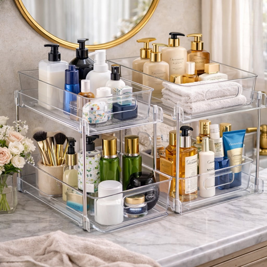 Sorbus 2-Tier Pull-Out Vanity Organizer, 2-Pack Clear Makeup & Skincare Storage Drawers