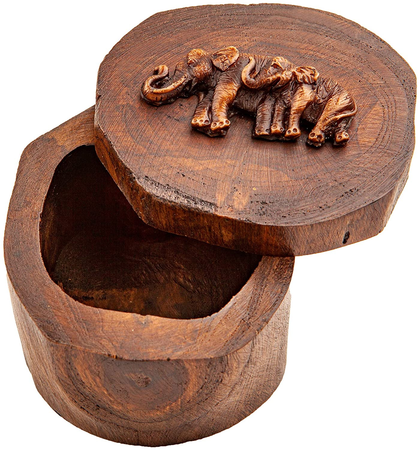 Box Teak Wood Elephant Round Wooden Lid Trunk Log Coin Trinket Ring Pill Lucky 
