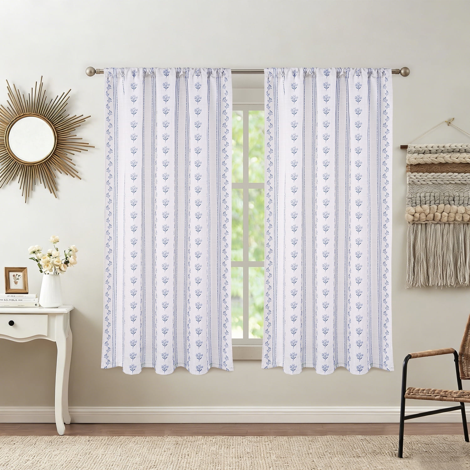 Invoibler Floral Print Curtain Panels, Light Filtering Window Drapes for Bedroom and Living Room, Blue, 52" W x 63" L, Set of 2