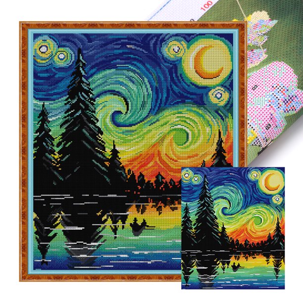 Hilo Algodón Ecológico Bordado Punto Cruz Cielo Estrellado Impreso 14 Quilates 41x47cm