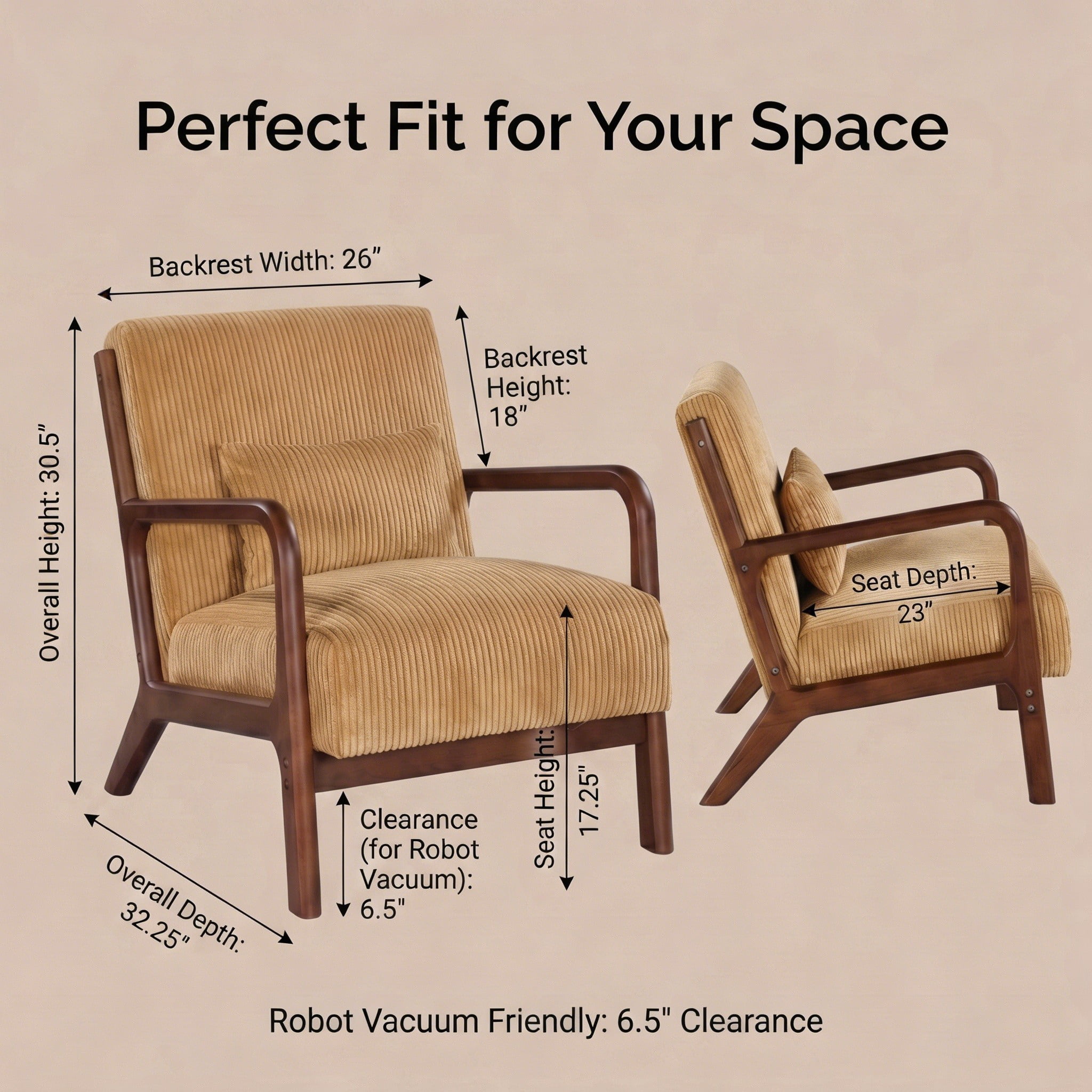 Mid-Century Modern Corduroy Accent Chair with Solid Wood Frame & Lumbar Pillow, Yellow